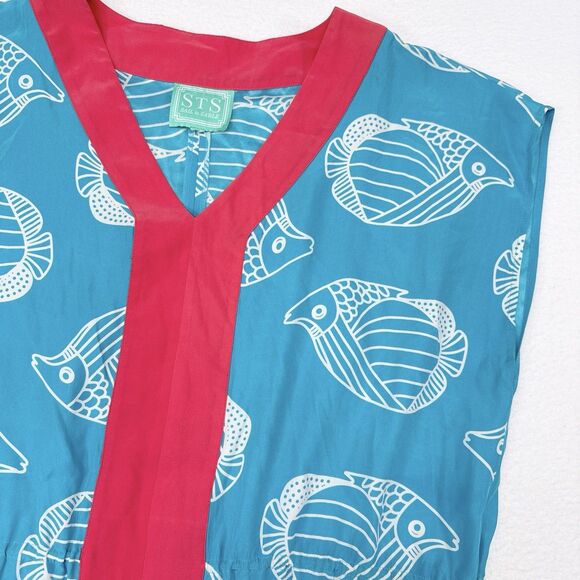 Sail To Sable Dress XL Blue Pink Silk Shift Fish Coastal Vacation Beach Preppy - Picture 3 of 9